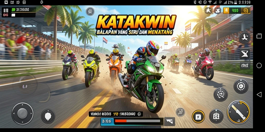 Gameplay seru KATAKWIN dengan balapan motor yang mendebarkan.