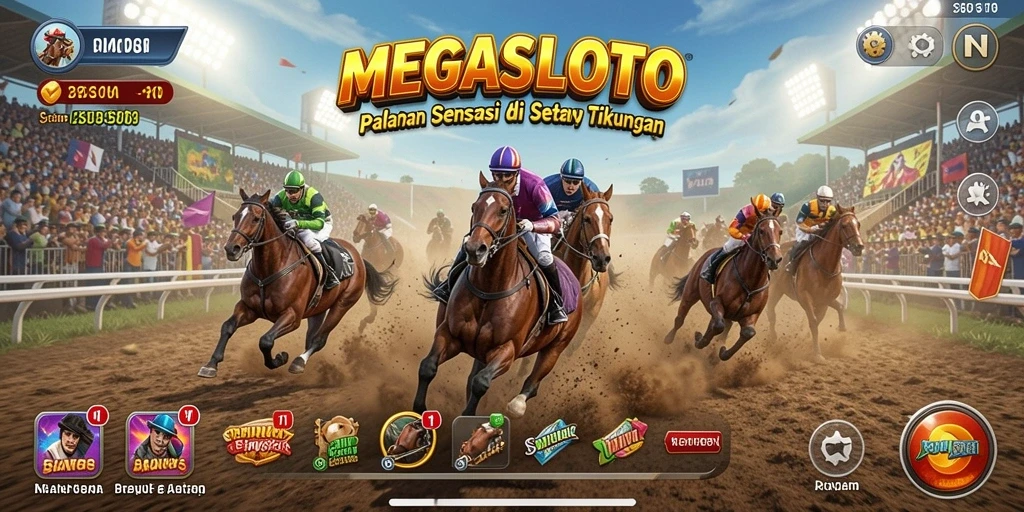 Screenshot gameplay Racing MEGASLOTO yang menampilkan momen mendebarkan.