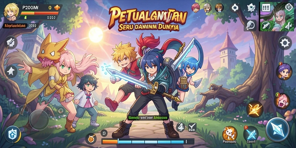 Screenshot gameplay P200M menampilkan karakter anime dalam pertarungan epic.