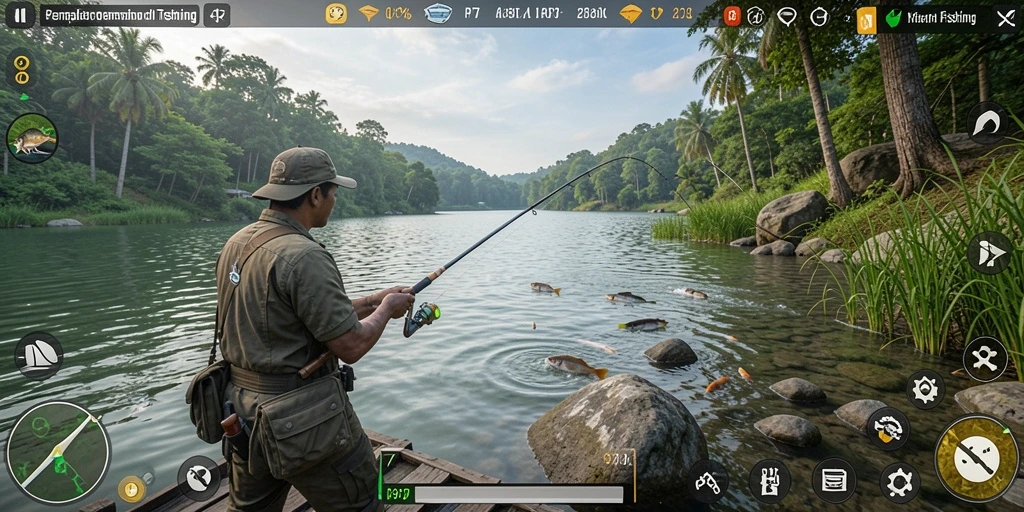 Screenshot gameplay PP7 menampilkan aksi seru memancing di laut biru.