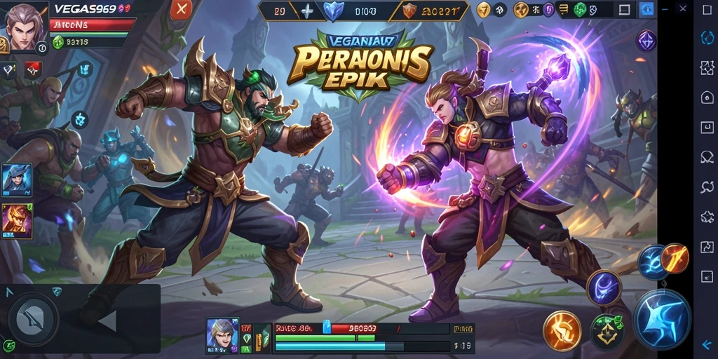 Tampak gameplay seru dengan pertarungan karakter di arena MOBA.