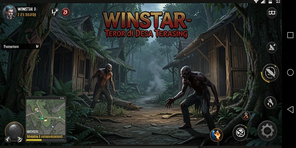 Tampilan gameplay <strong>WINSTAR</strong> yang menyeramkan dan menegangkan di desa terasing.